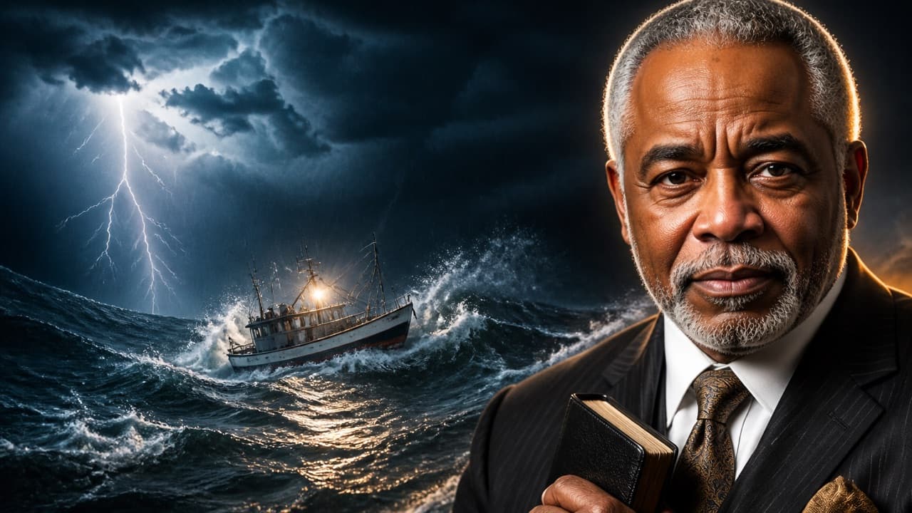 An AI-generated image of a pastor beside a storm at sea, with no words in it
