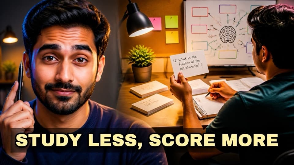 A study tips thumbnail: a teacher beside a student working with flashcards, with the words Study less, score more