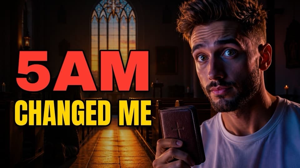 The same man as the host: holding a Bible at the edge of the frame with a chapel at sunrise behind him, and the words 5AM changed me