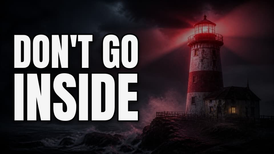 A faceless thumbnail: a lighthouse glowing red over a stormy sea, with the words Don't go inside