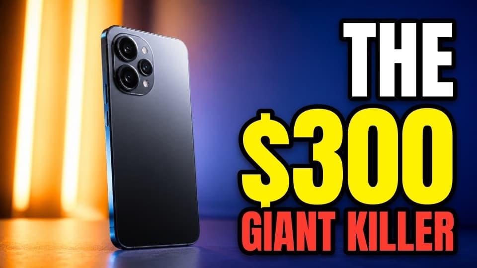 A faceless thumbnail: a black smartphone standing alone in coloured light, with the words The $300 giant killer