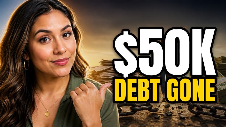 A thumbnail made in HitCanvas: a woman host beside the words $50K debt gone