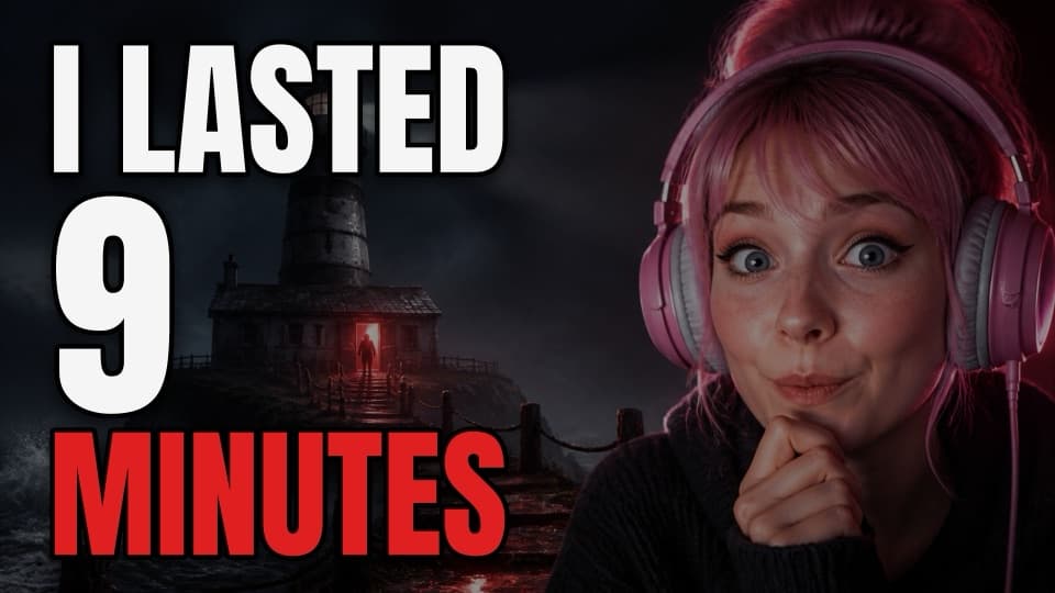 A gaming thumbnail: a wide-eyed gamer in pink headphones beside a haunted lighthouse and the words I lasted 9 minutes