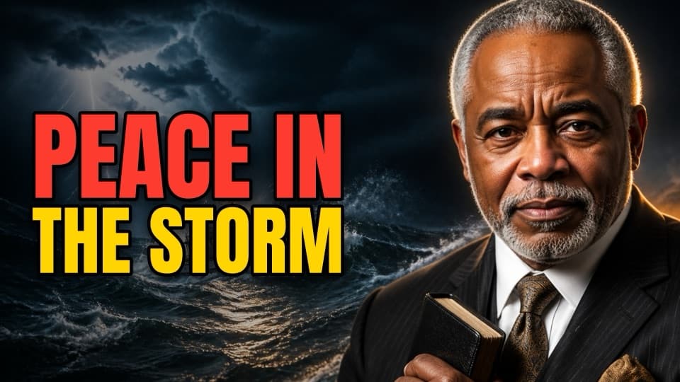 A sermon thumbnail: a calm older pastor holding a Bible beside a stormy sea and the words Peace in the storm