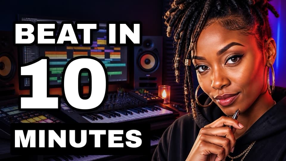 A music production thumbnail: a producer in her studio beside the words Beat in 10 minutes