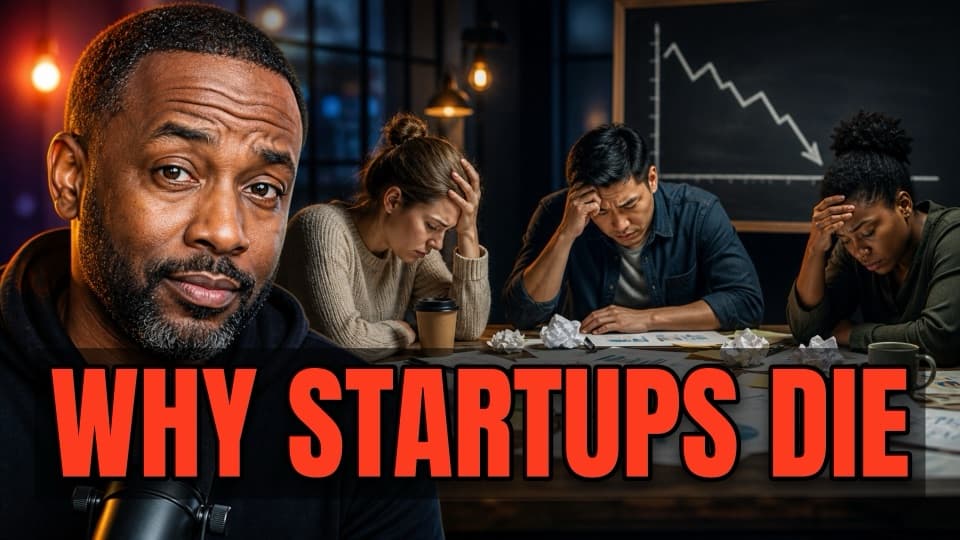 A business podcast thumbnail: a host at a microphone in front of three exhausted founders, with the words Why startups die