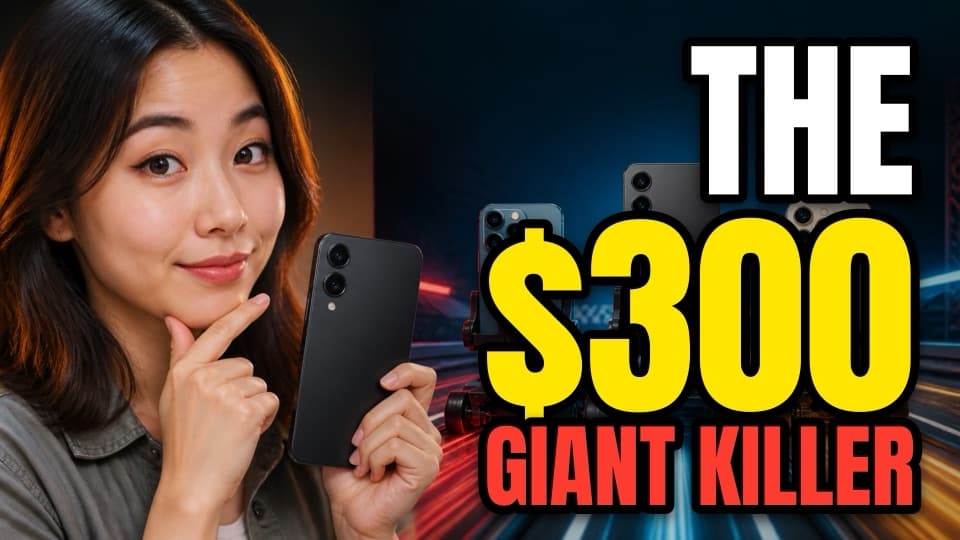 A phone review thumbnail: a reviewer holding a black phone beside the words The $300 giant killer